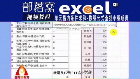 excel单元格内条件求和视频：数组公式查找小组成员