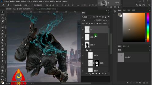 ps水人合成效果视频：衣服喷水花图片颜色调整